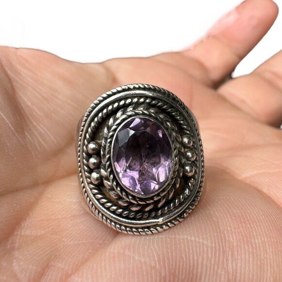 Amethyst Faceted Oval Vintage Ring Sterling 925 Silver Size 8.5 - Picture 7 of 9